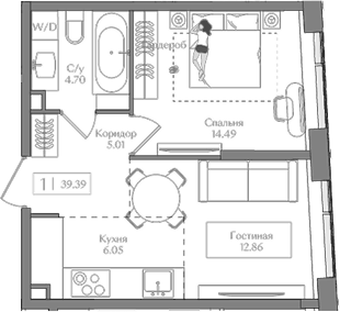 Планировка однокомнатная 39.39 м² в ЖК «Преображенская площадь», корпус 1