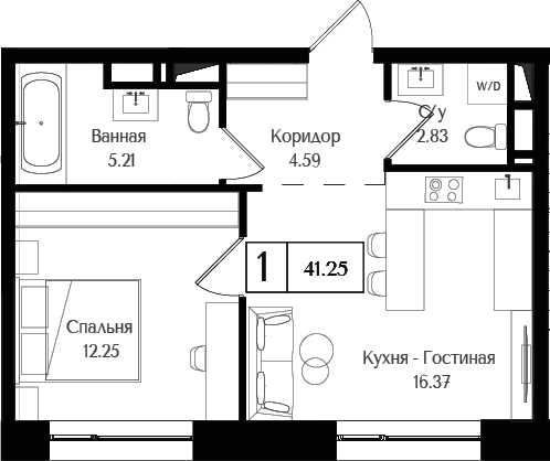 Планировка однокомнатная 41.25 м² в ЖК «Преображенская площадь», корпус 3