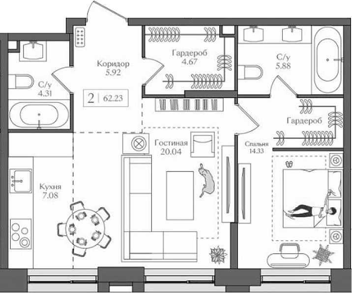 Планировка евродвушка (2Е) 62.23 м² в ЖК «Преображенская площадь», корпус 6
