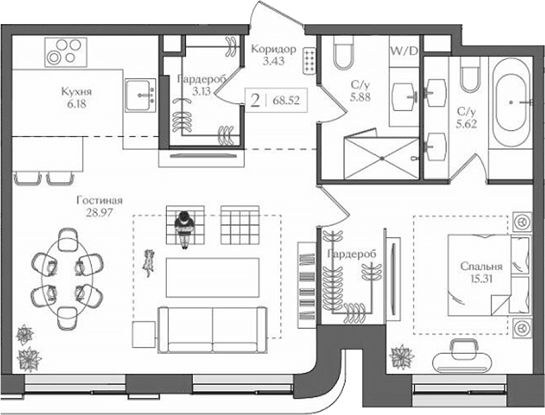 Планировка евродвушка (2Е) 68.52 м² в ЖК «Преображенская площадь», корпус 6
