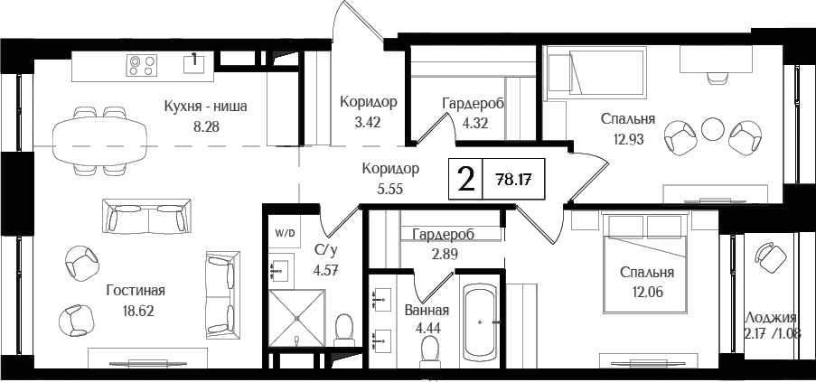Планировка евротрёшка (3Е) 78.17 м² в ЖК «Преображенская площадь», корпус 3