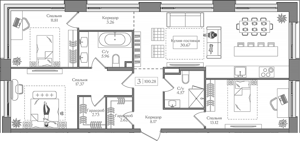Планировка евро-4 (4Е) 100.28 м² в ЖК «Преображенская площадь», корпус 5