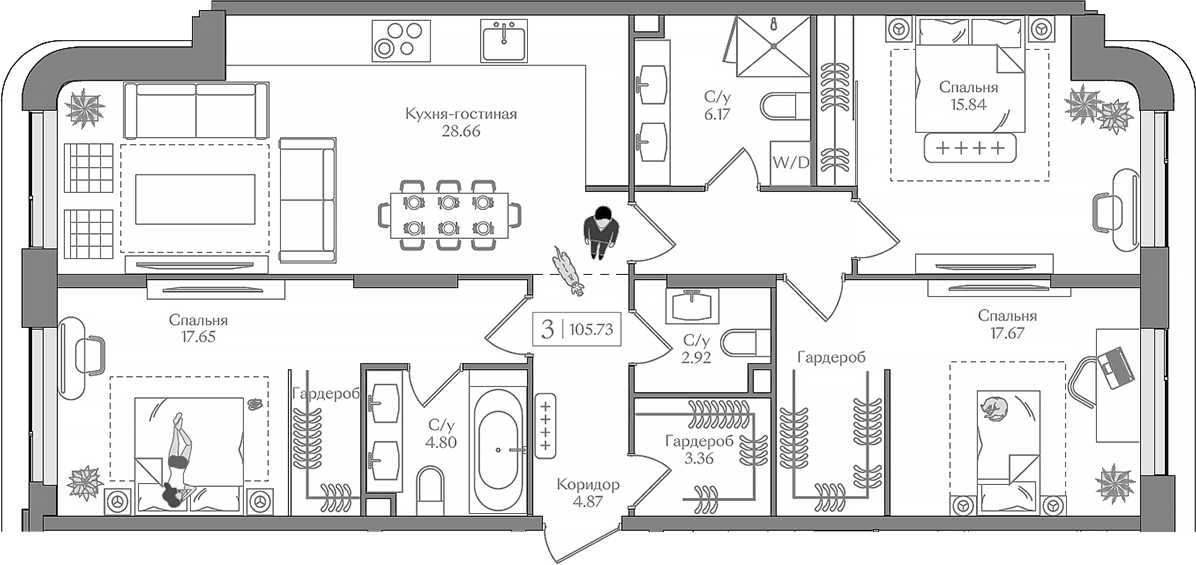 Планировка евро-4 (4Е) 105.73 м² в ЖК «Преображенская площадь», корпус 5