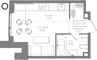 Планировка Студии 27.29 м² в ЖК «Преображенская площадь», корпус 1