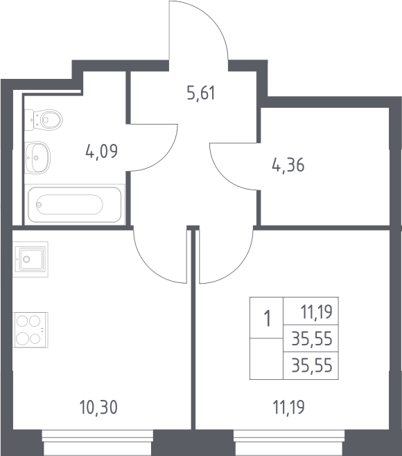 Планировка однокомнатная 35.55 м² в ЖК «Прибрежный Парк», корпус 11.2