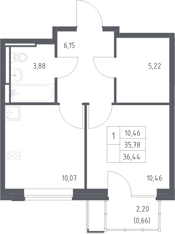 Планировка однокомнатная 36.44 м² в ЖК «Прибрежный Парк», корпус 10.2