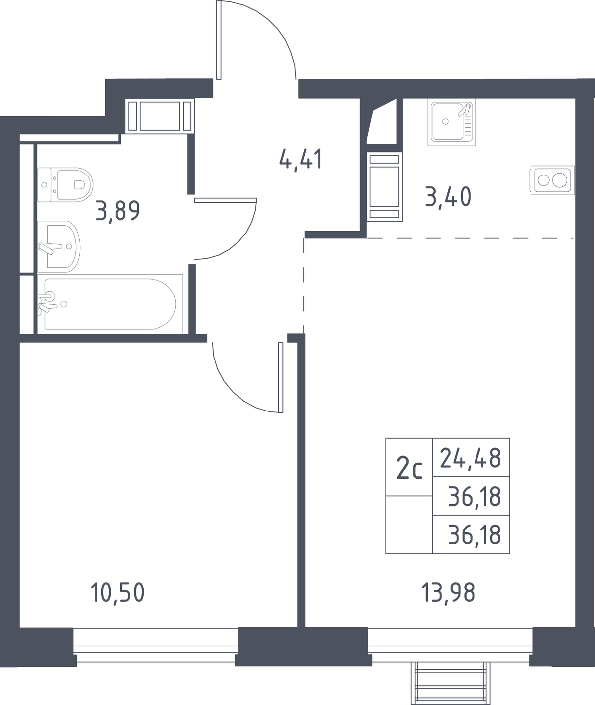 Планировка евродвушка (2Е) 36.18 м² в ЖК «Прибрежный Парк», корпус 6.1