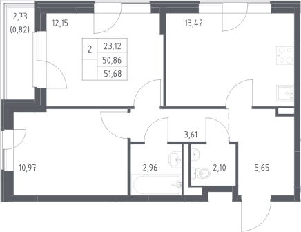Планировка двухкомнатная 51.68 м² в ЖК «Прибрежный Парк», корпус 11.2