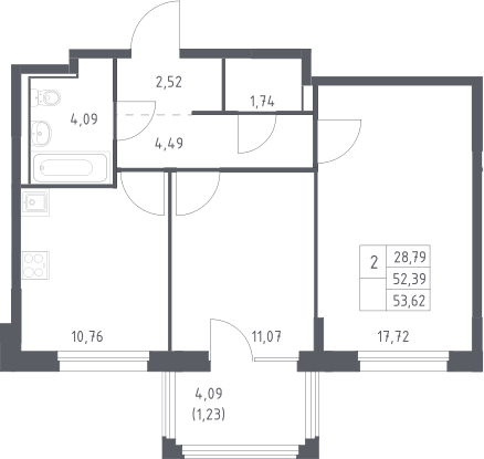Планировка двухкомнатная 53.62 м² в ЖК «Прибрежный Парк», корпус 11.1