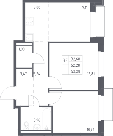 Планировка евротрёшка (3Е) 52.28 м² в ЖК «Прибрежный Парк», корпус 11.2