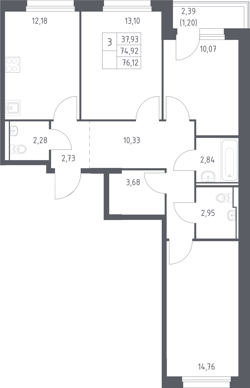Планировка трёхкомнатная 76.12 м² в ЖК «Прибрежный Парк», корпус 11.2