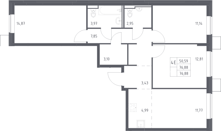 Планировка евро-4 (4Е) 76.88 м² в ЖК «Прибрежный Парк», корпус 11.2