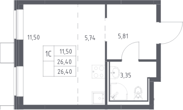 Планировка Студии 26.4 м² в ЖК «Прибрежный Парк», корпус 11.2