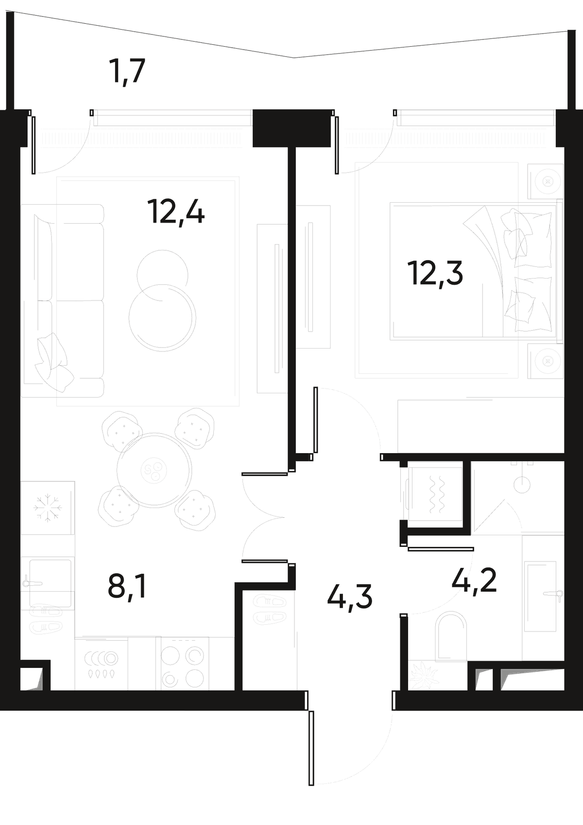 Планировка евродвушка (2Е) 42 м² в ЖК «ПРАЙД», корпус 1