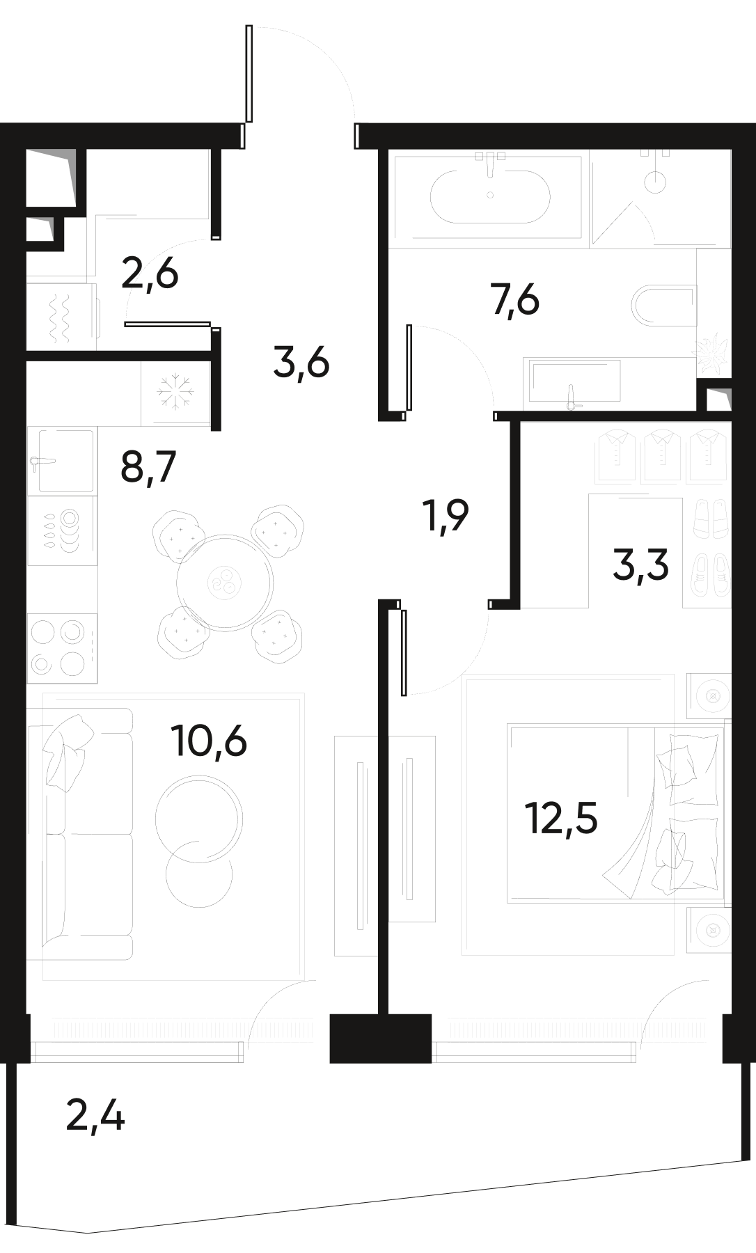 Планировка евродвушка (2Е) 51 м² в ЖК «ПРАЙД», корпус 1