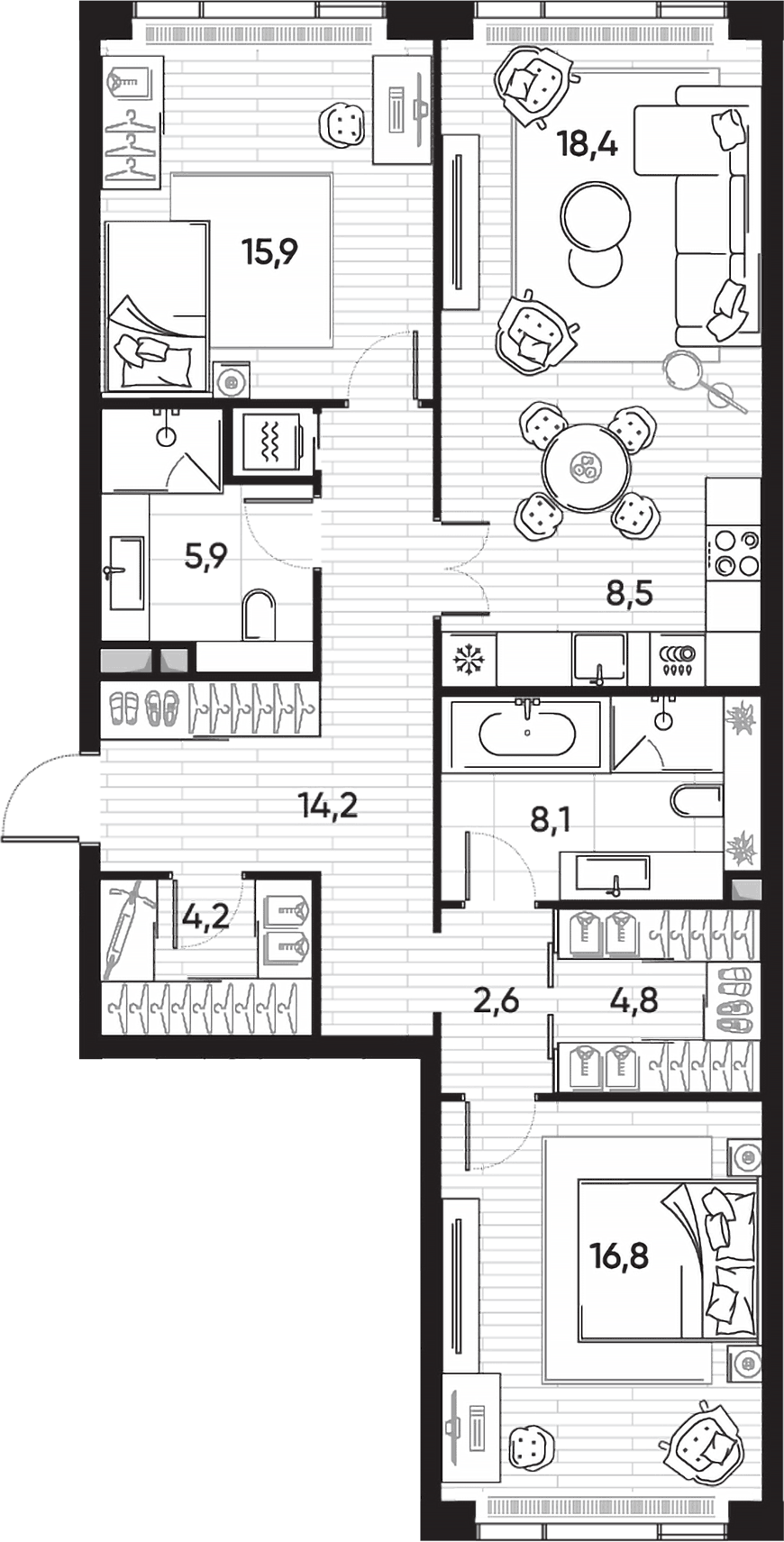 Планировка евротрёшка (3Е) 100.1 м² в ЖК «ПРАЙД», корпус 1