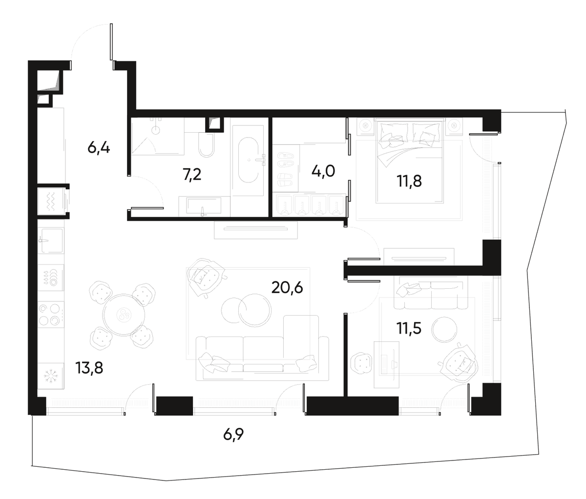 Планировка евротрёшка (3Е) 76.5 м² в ЖК «ПРАЙД», корпус 1