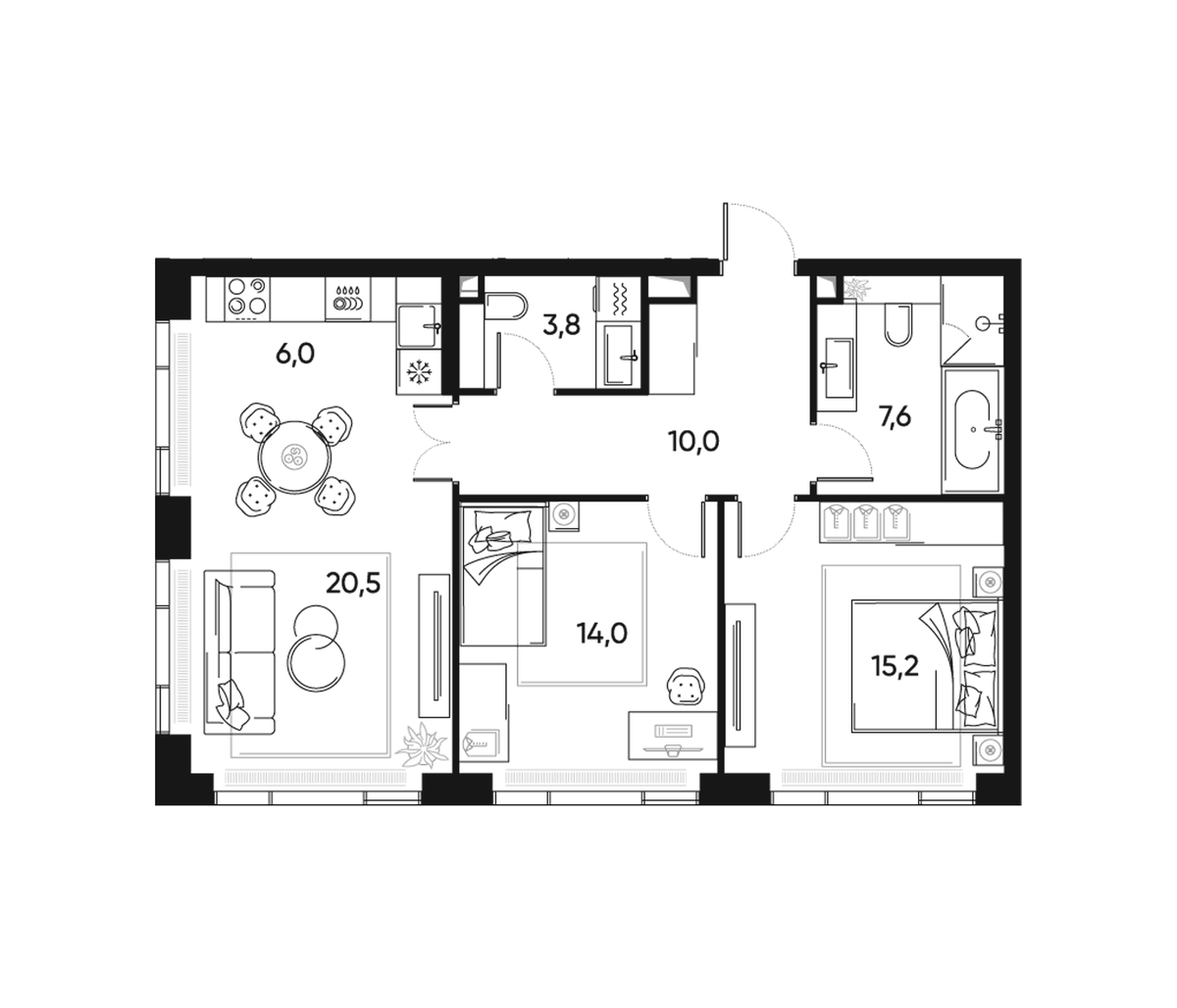 Планировка евротрёшка (3Е) 77.1 м² в ЖК «ПРАЙД», корпус 1