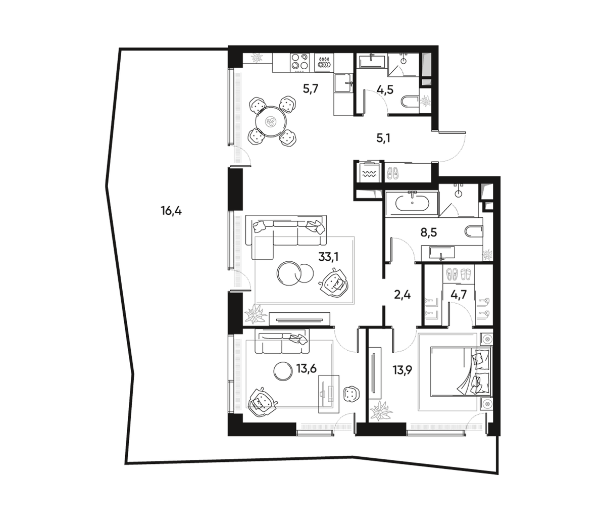 Планировка евротрёшка (3Е) 92.8 м² в ЖК «ПРАЙД», корпус 1