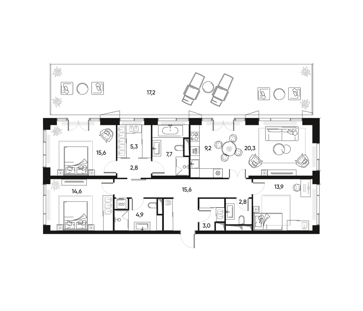 Планировка евро-4 (4Е) 116.6 м² в ЖК «ПРАЙД», корпус 1