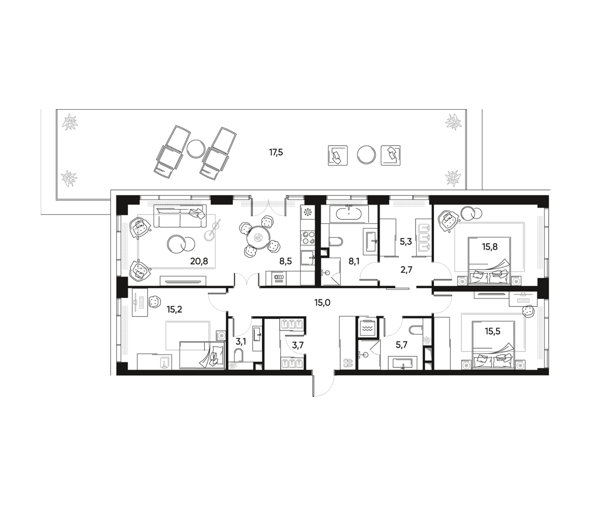Планировка евро-4 (4Е) 120.9 м² в ЖК «ПРАЙД», корпус 1