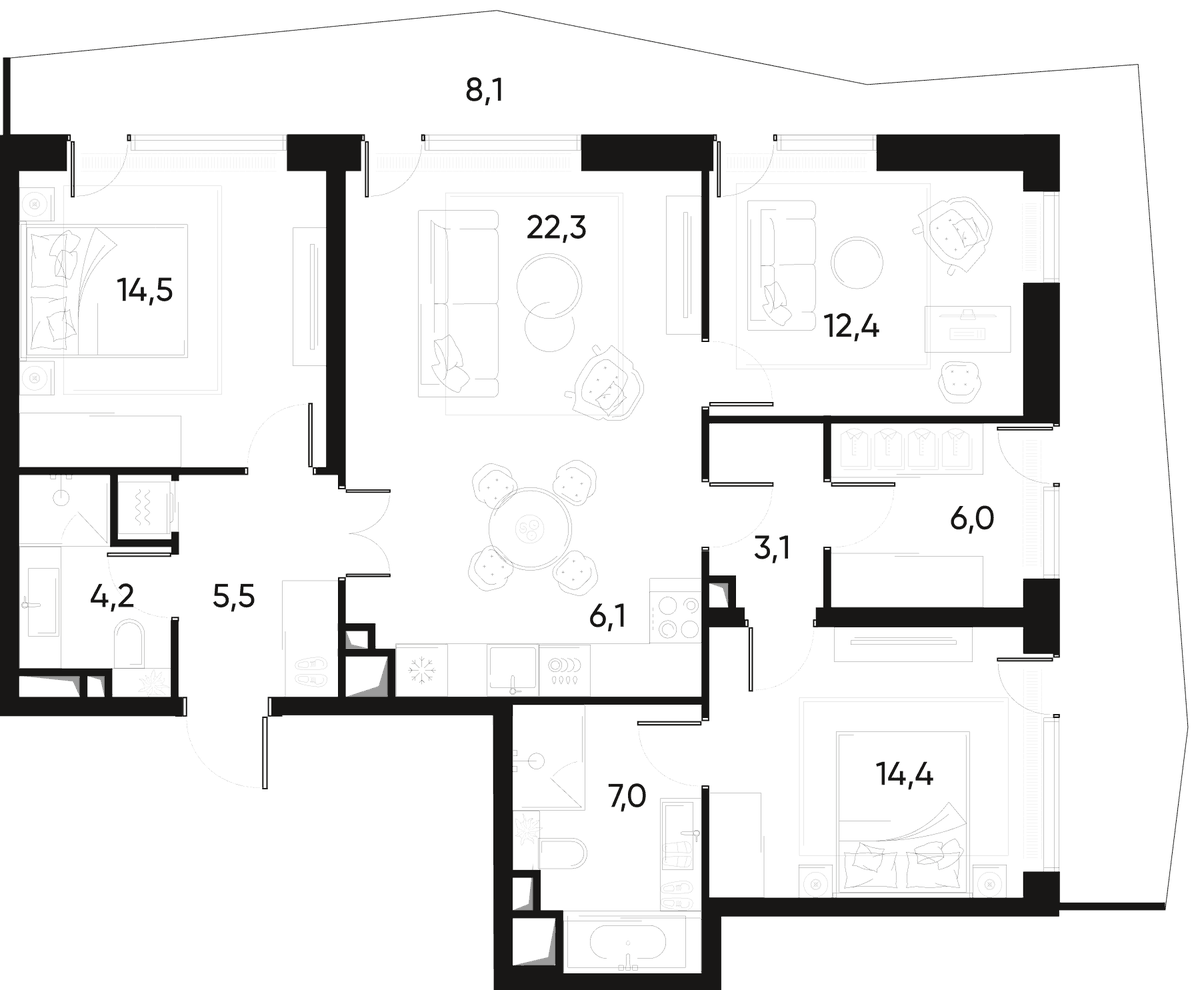 Планировка евро-4 (4Е) 96.6 м² в ЖК «ПРАЙД», корпус 1