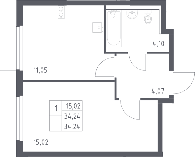 Планировка однокомнатная 34.24 м² в ЖК «Пригород Лесное», корпус 19