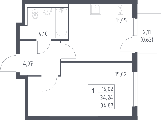 Планировка однокомнатная 34.87 м² в ЖК «Пригород Лесное», корпус 21