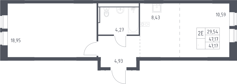 Планировка евродвушка (2Е) 47.17 м² в ЖК «Пригород Лесное», корпус 21