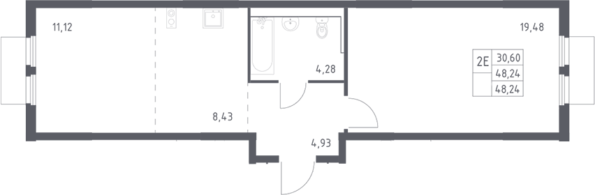 Планировка евродвушка (2Е) 48.24 м² в ЖК «Пригород Лесное», корпус 19