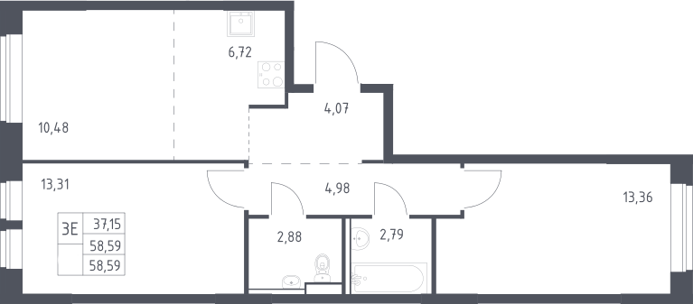Планировка евротрёшка (3Е) 58.59 м² в ЖК «Пригород Лесное», корпус 21