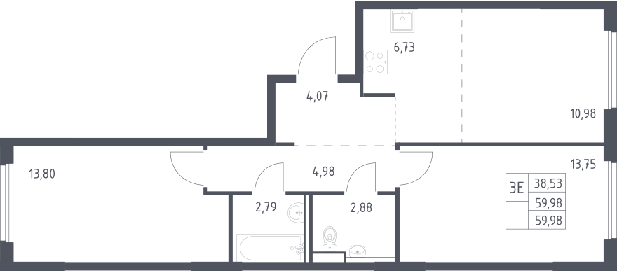 Планировка евротрёшка (3Е) 59.98 м² в ЖК «Пригород Лесное», корпус 21