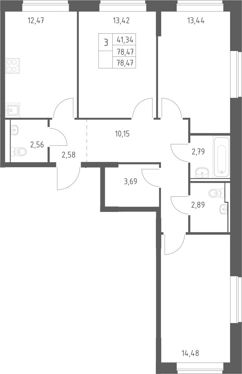 Планировка трёхкомнатная 77.3 м² в ЖК «Пригород Лесное», корпус 14.1