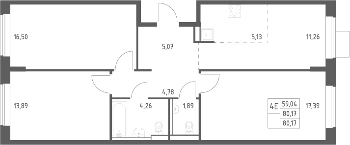 Планировка евро-4 (4Е) 79 м² в ЖК «Пригород Лесное», корпус 14.2