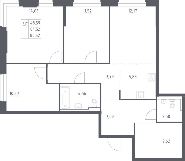 Планировка евро-4 (4Е) 84.52 м² в ЖК «Пригород Лесное», корпус 20