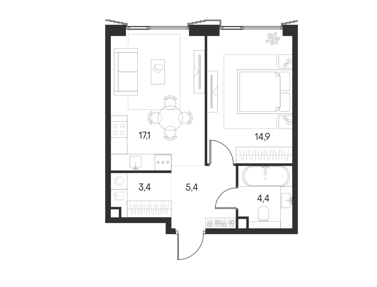 Планировка евродвушка (2Е) 45.2 м² в ЖК «Клубный город на реке Примавера», корпус Беллини-5