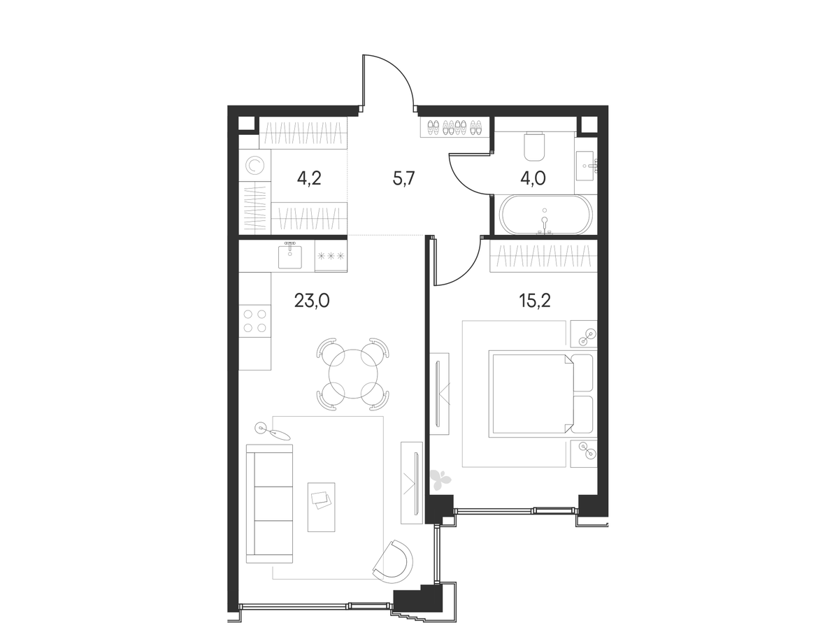 Планировка евродвушка (2Е) 52.1 м² в ЖК «Клубный город на реке Примавера», корпус Беллини-5