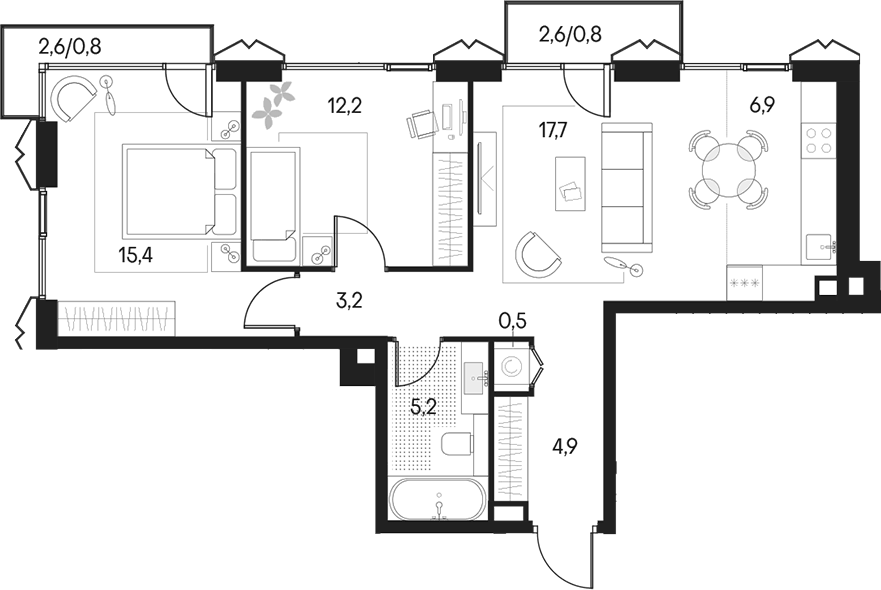 Планировка евротрёшка (3Е) 67.6 м² в ЖК «Клубный город на реке Примавера», корпус Беллини-1