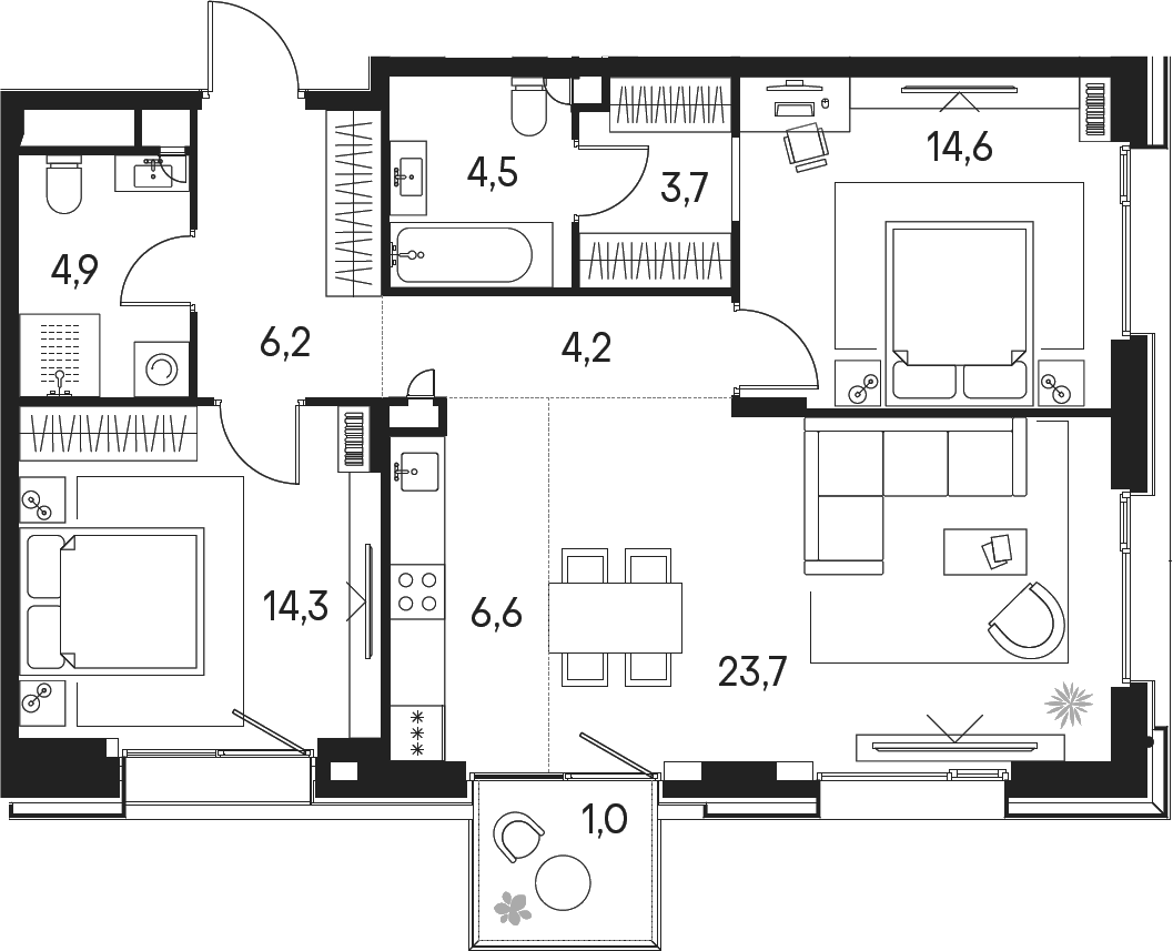 Планировка евротрёшка (3Е) 83.7 м² в ЖК «Клубный город на реке Примавера», корпус Вивальди-5