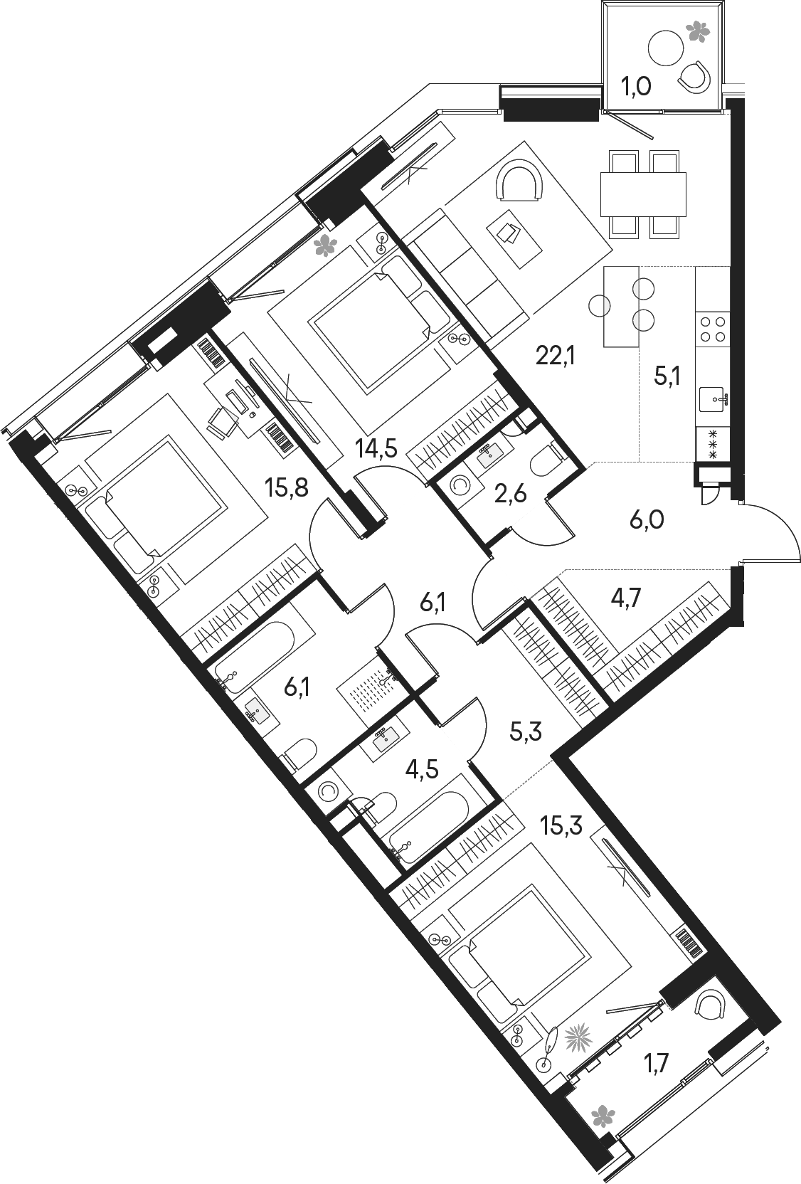 Планировка евро-4 (4Е) 110.8 м² в ЖК «Клубный город на реке Примавера», корпус Вивальди-5