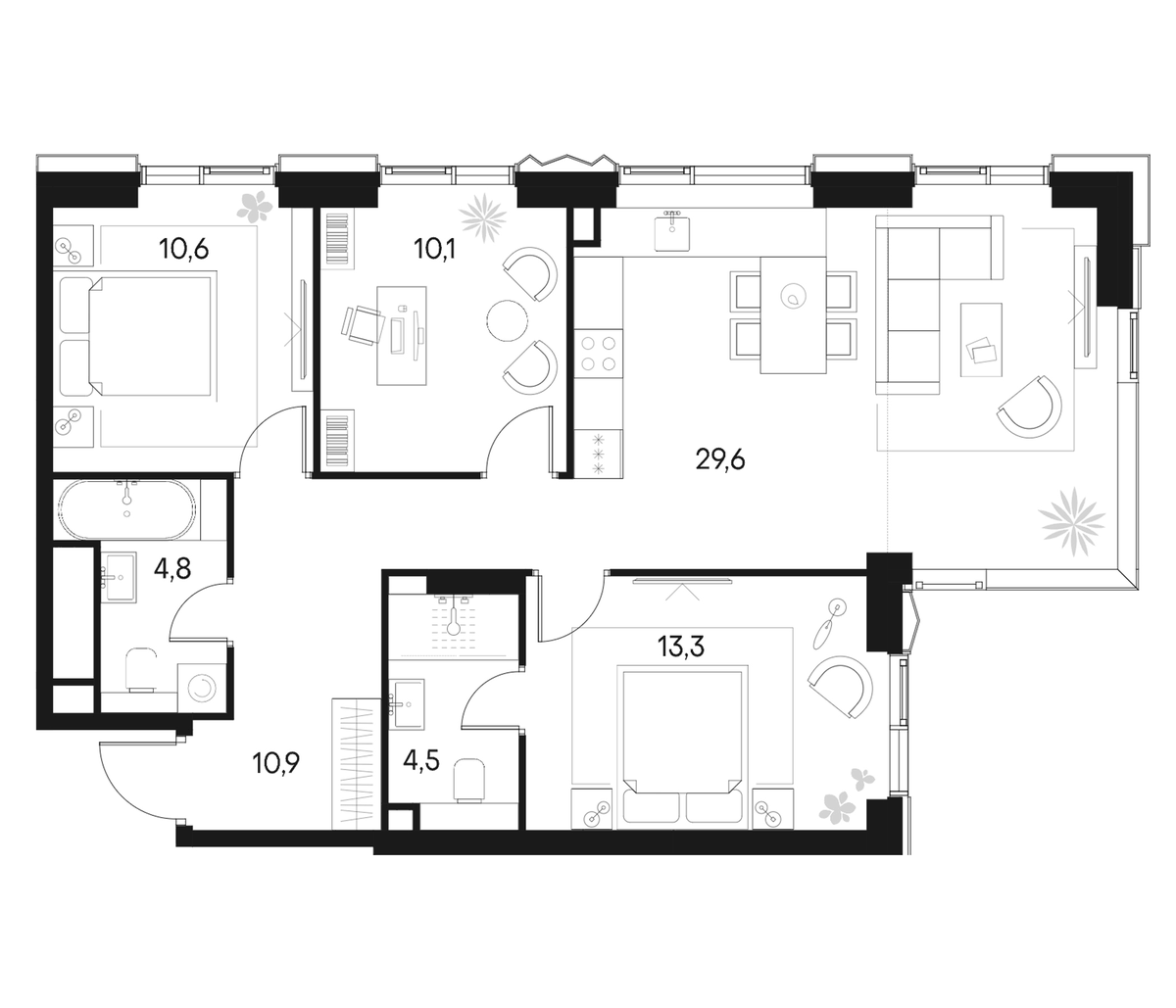 Планировка евро-4 (4Е) 83.8 м² в ЖК «Клубный город на реке Примавера», корпус Беллини-3