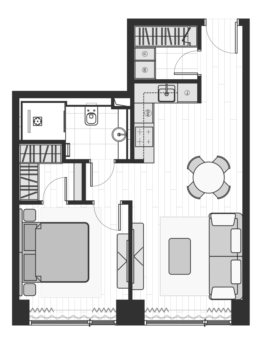 Планировка евродвушка (2Е) 48.5 м² в ЖК «Prime Park», корпус R8