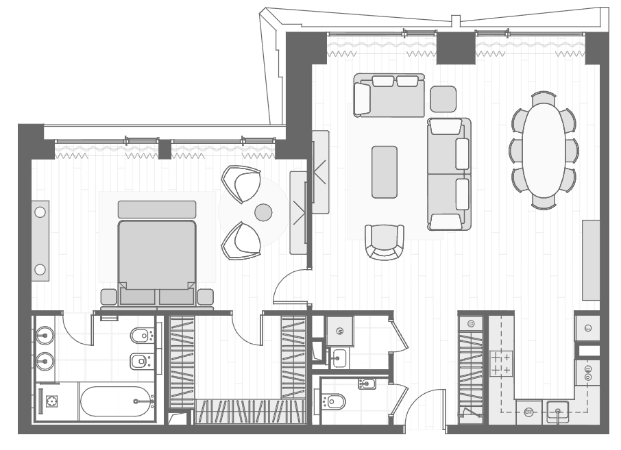 Планировка евродвушка (2Е) 96.8 м² в ЖК «Prime Park», корпус R2