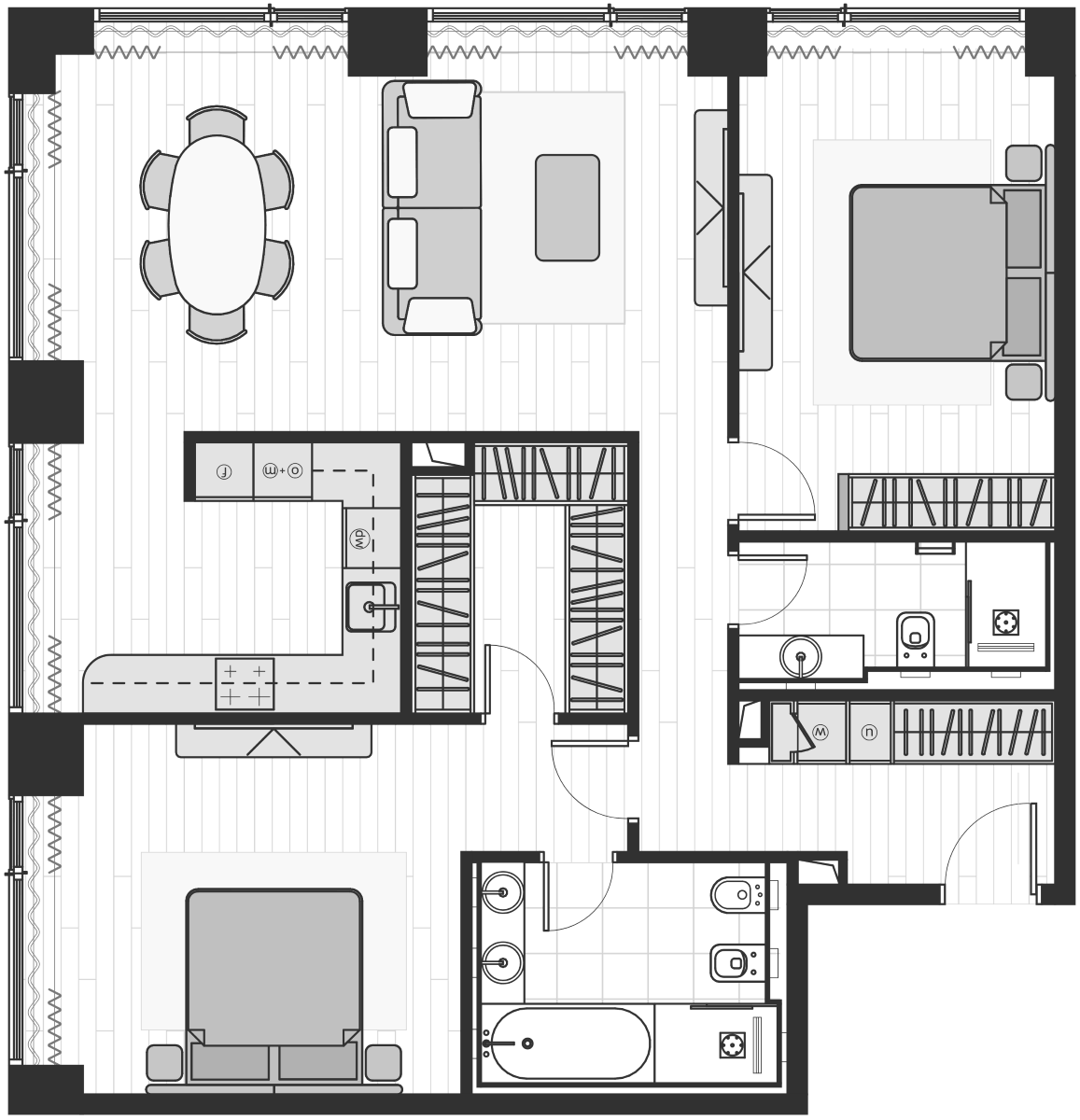 Планировка евротрёшка (3Е) 102.9 м² в ЖК «Prime Park», корпус R8