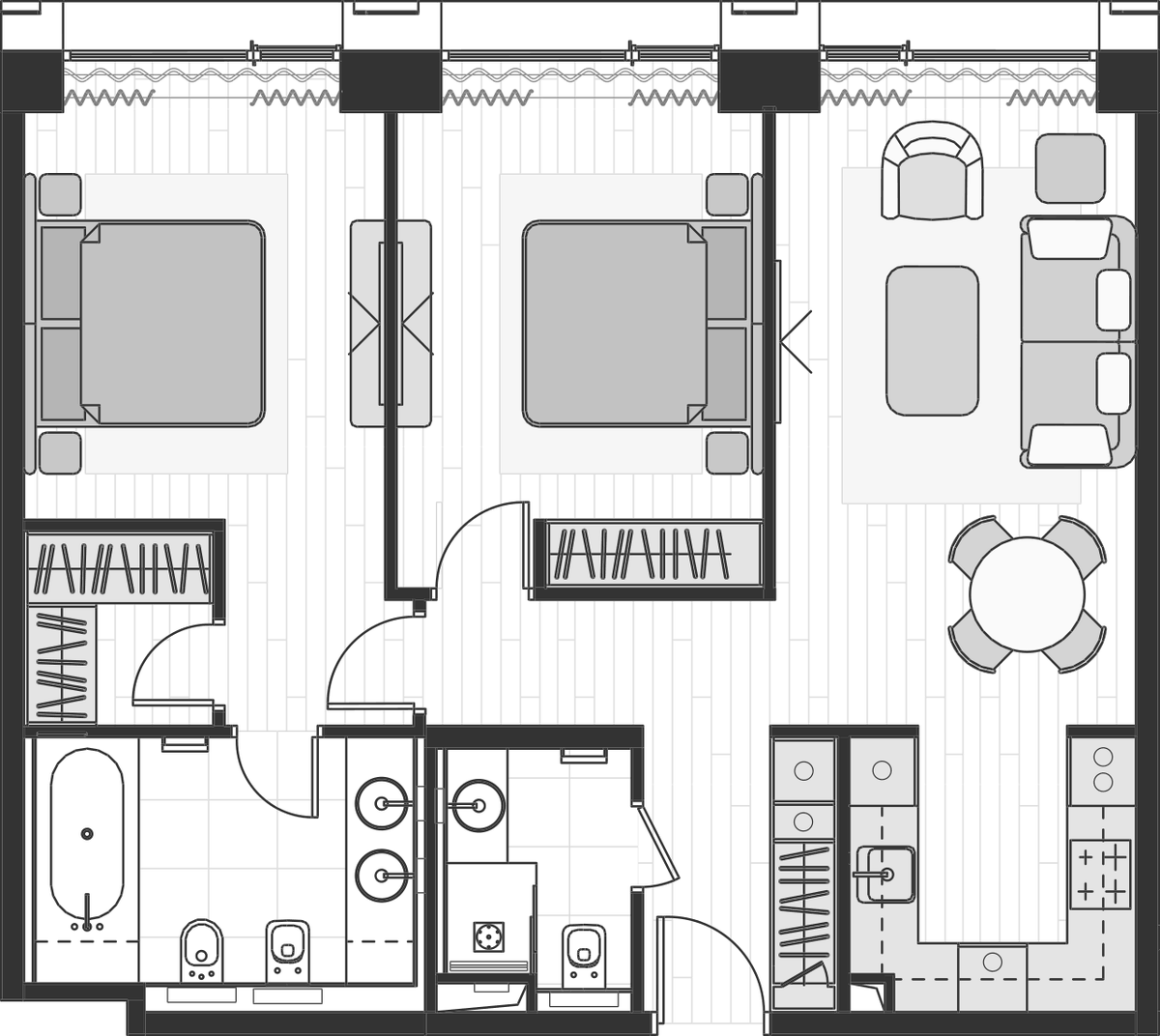 Планировка евротрёшка (3Е) 74.3 м² в ЖК «Prime Park», корпус R7