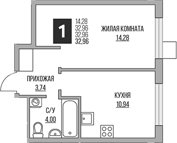 Планировка однокомнатная 32.96 м² в ЖК «Гранель Притяжение Сити», корпус 8