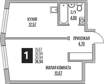 Планировка однокомнатная 36.94 м² в ЖК «Гранель Притяжение Сити», корпус 7