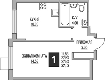 Планировка евродвушка (2Е) 32.53 м² в ЖК «Гранель Притяжение Сити», корпус 8