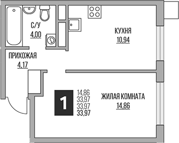 Планировка евродвушка (2Е) 33.97 м² в ЖК «Гранель Притяжение Сити», корпус 8