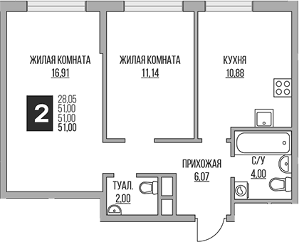 Планировка евротрёшка (3Е) 51 м² в ЖК «Гранель Притяжение Сити», корпус 8